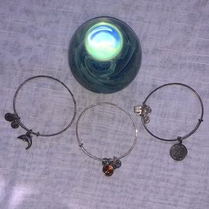 Alex & Ani Silver Bangle Trio | dolphin/topaz/puzzle charms